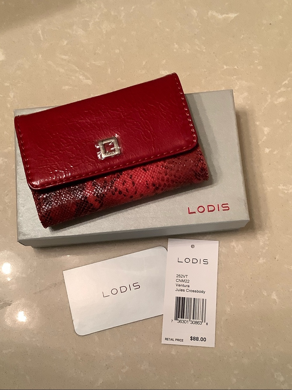 NWT Lodis Ventura Jules Red Snake-Accent Crossbody Wallet